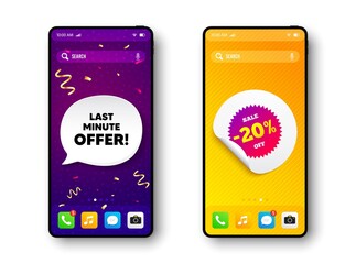 Sale 20 percent off banner. Phone mockup vector confetti banner. Discount sticker shape. Coupon star icon. Social story post template. Last minute offer speech buuble. Cell phone frame banner. Vector