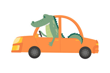Colored kids transport with cute little crocodile. Animal driving car. Cartoon animal driver, pets vehicle and happy in funny car. Transportation animal character travel in car