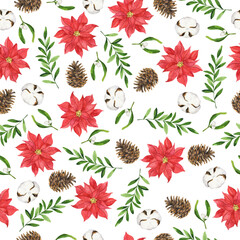 Seamless pattern with red poinsettia flowers, mistletoe, cotton branch, green leaves and pine cones on white background. Hand drawn watercolor illustration.