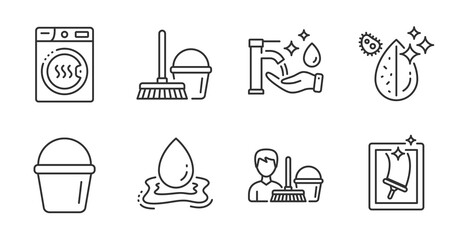 Bucket, Dirty water and Washing hands line icons set. Cleaning service, Bucket with mop and Window cleaning signs. Dryer machine, Water splash symbols. Quality line icons. Bucket badge. Vector