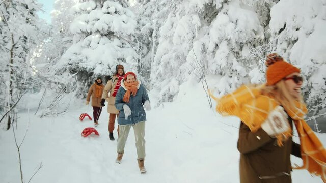 Tilt down shot of company of young joyous friends running through winter forest, pulling sleds, tossing snow and laughing
