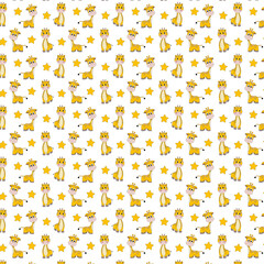 Seamless pattern with giraffes. Yellow cuties. Stars around