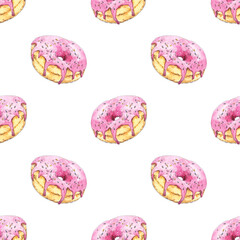 Obraz na płótnie Canvas Bakery seamless pattern with donuts hand drawn in watercolor sketching style. Popular pastry for background, wallpaper, textile design. Food illustration, print.