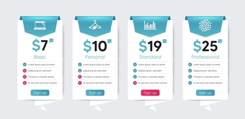 Included icon as Coronavirus, Laptop, Slow fashion signs. Price table template, business plan chart. Science icons set. Bar diagram flat icons. Infection, Computer, Eco tested. Vector