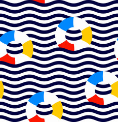 Seamless pattern of inflatable blue-red-yellow inflatable rings float on the waves