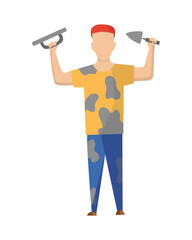 Builder. Painter. Construction worker with professional equipment during building activity. Vector illustration. Professional construction worker character