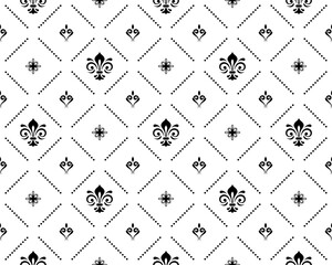 Seamless pattern. Modern geometric ornament with black royal lilies. Classic vintage background