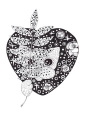 Naklejka premium Marker illustration of a cat's face with an autumn leaf on the background of the winter night sky. Suitable for postcards, invitations, greetings