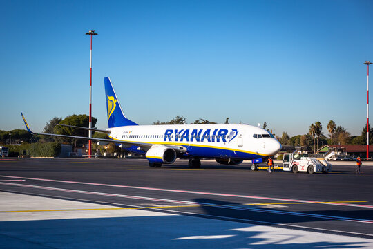 Rome Ciampino, Italy - January 12, 2019: Ryanair plane at boarding on Ciampino Airport near Rome. Ryanair operates over 300 aircraft and is the biggest low-cost airline company in Europe