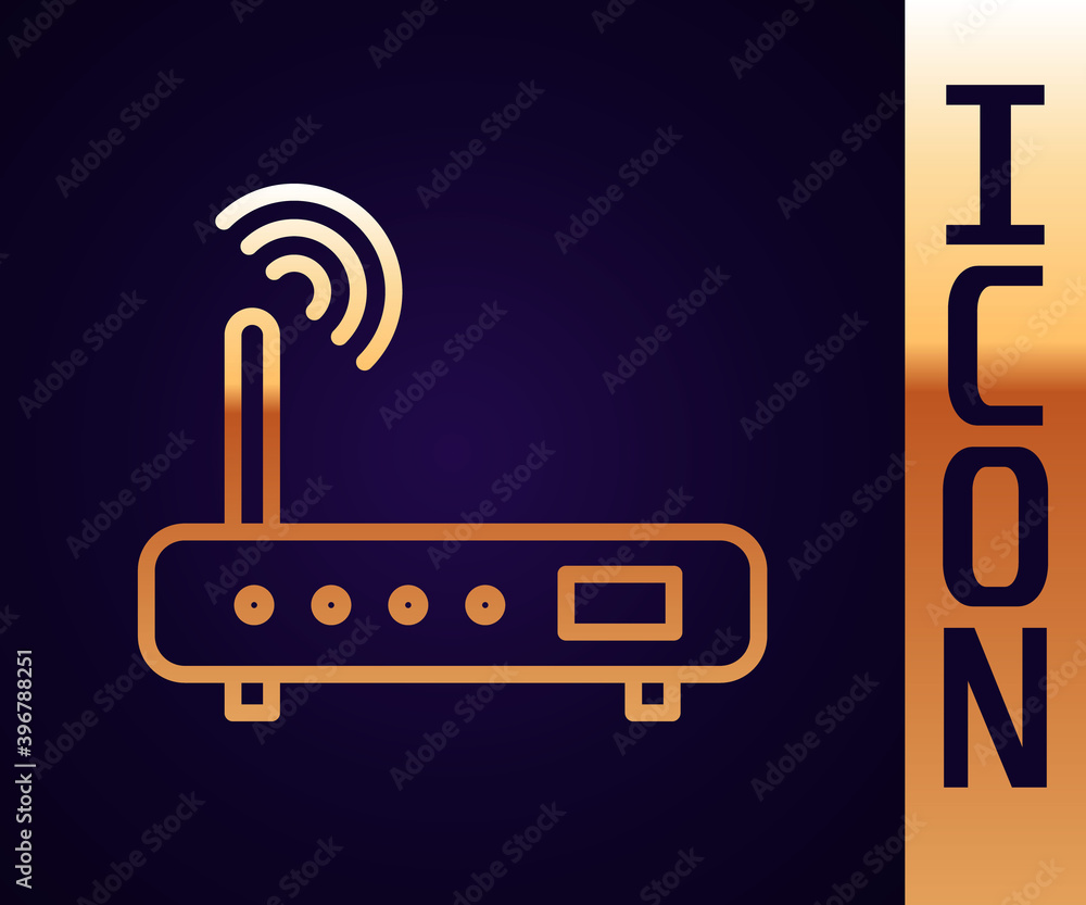 Poster gold line router and wi-fi signal icon isolated on black background. wireless ethernet modem router.