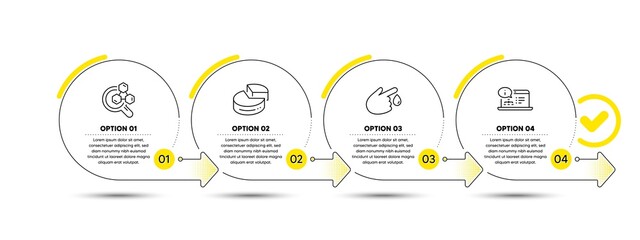 Chemistry lab, Pie chart and Blood donation line icons set. Timeline process infograph. Online documentation sign. Lab research, 3d graph, Injury. Web engineering. Science set. Vector