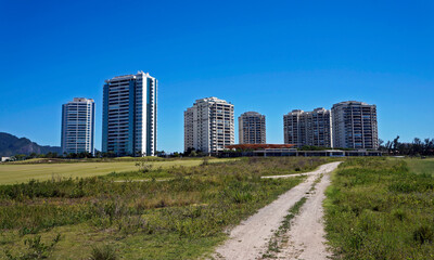 Residential buildings viewed from golf course in Barra da Tijuca, Rio, Brazil
