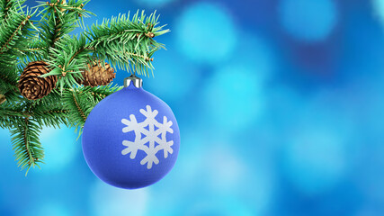 Christmas blue toy on a spruce branch  3d render illustration