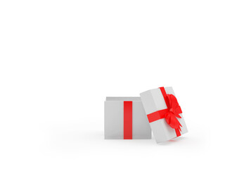 White blank gift box with open lid and red ribbon isolated on white background. 3D illustration