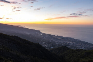 Beautiful view of Puerto de la Cruz from El Teide Mountain duing the blue hour, Tenerife