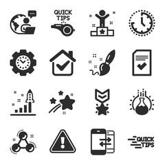 Set of Education icons, such as Time, Tutorials, Development plan symbols. Chemistry molecule, Winner, Time management signs. Phone communication, Winner medal, Checked file. Paint brush. Vector