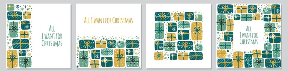 Cute set of Christmas backgrounds with hand drawn present boxes and snowflakes
