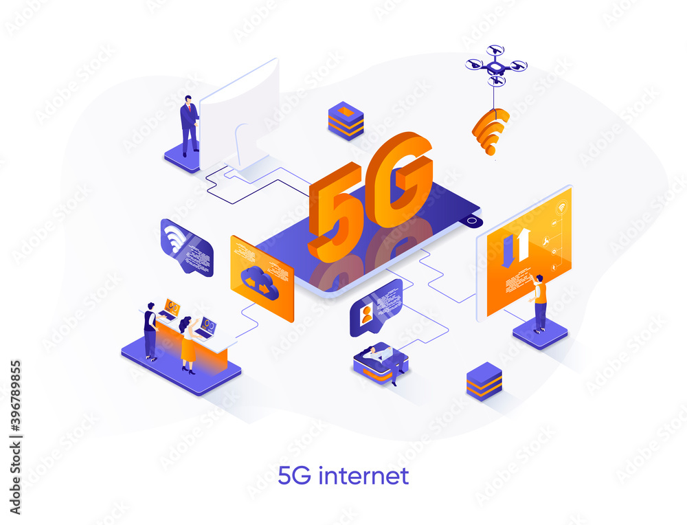 Sticker 5g internet isometric web banner. mobile telecommunication system isometry concept. 5g generation st