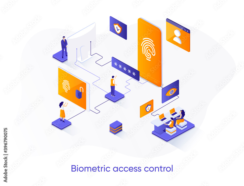 Poster Biometric access control isometric web banner. Fingerprint scan control isometry concept. Biometrics identification 3d scene, access verification flat design. Vector illustration with people character