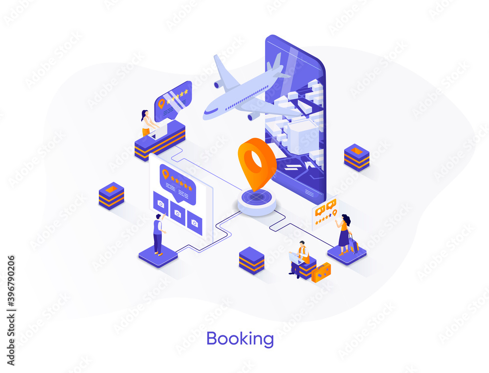 Aufkleber Flight booking isometric web banner. Airline tickets reservation isometry concept. Mobile application for online booking service 3d scene. Vector illustration with people characters in flat style.
