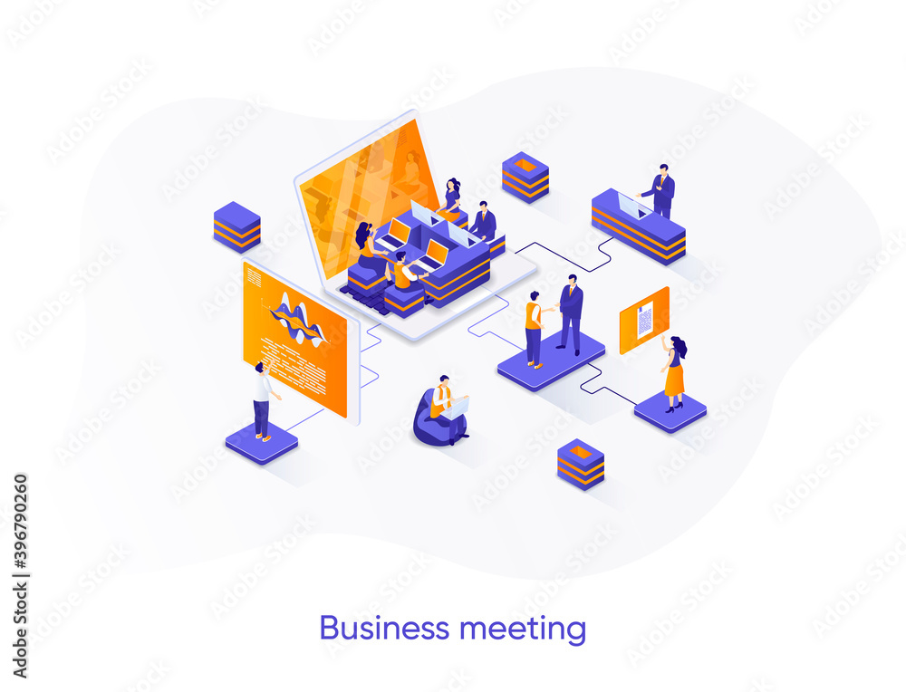 Aufkleber business meeting isometric web banner. teamwork collaboration on project isometry concept. business 