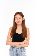 Portrait young beautiful Asian woman happy smile on isolated white background. Beautiful Asian girl smiling and with hand sign and copy space. Casual woman, Asian student smiling looking happy.
