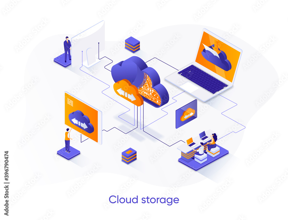Poster Cloud storage isometric web banner. Secure cloud storage, database system isometry concept. Internet hosting provider 3d scene, data center flat design. Vector illustration with people characters.
