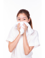 Attractive Asian Women skin care on white background. Skin care beautiful Asian female portrait. Young woman smiling face with clean skin. Young Girl beauty face care. Facial treatment.