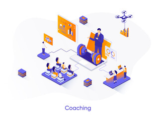 Coaching isometric web banner. Business motivation and mentoring isometry concept. Online coaching conference 3d scene, professional training flat design. Vector illustration with people characters.