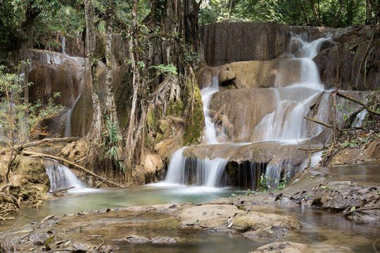 Tat Sae Waterfall Laos beautiful tourist attraction with flowing water in jungle