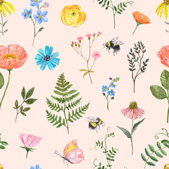 Watercolor wild flowers seamless pattern. Cute botanical print, blooming meadow illustration with flowers, bees, butterfly and herbs on pastel pink background. Nursery design. Summertime