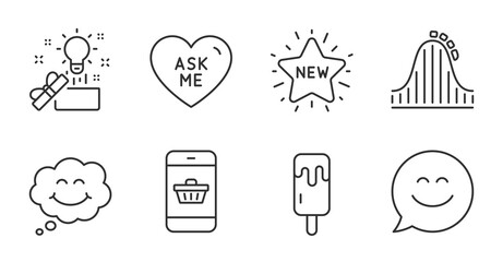 Creative idea, Ask me and Roller coaster line icons set. Smile chat, Ice cream and Smile signs. New star, Smartphone buying symbols. Present box, Love sweetheart, Attraction park. Vector