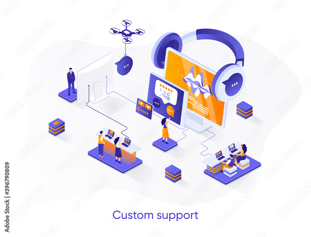 Aufkleber custom support isometric web banner. call center service isometry concept. online customer assistanc
