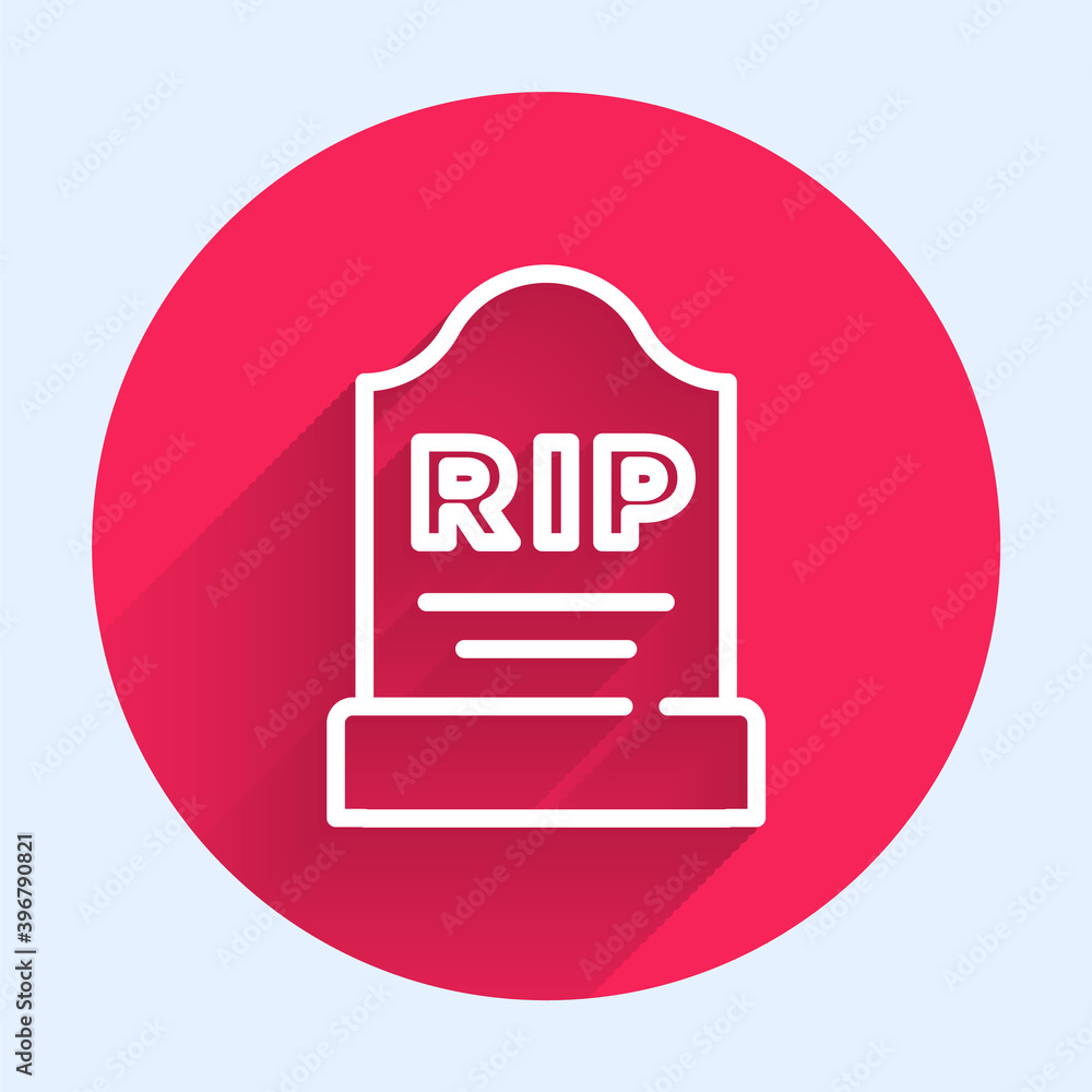 Poster white line tombstone with rip written on it icon isolated with long shadow. grave icon. red circle b