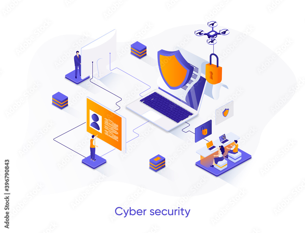 Poster cyber security isometric web banner. network and data protection isometry concept. firewall software