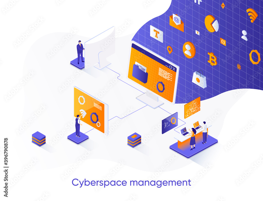 Leinwandbilder cyberspace management isometric web banner. network management software solution isometry concept. o