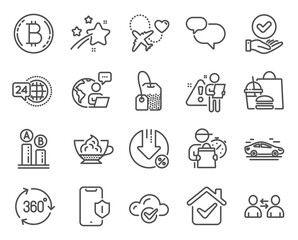 Line icons set. Included icon as Smartphone protection, Approved checkbox, Tea bag signs. Car, Espresso cream, Cloud computing symbols. Loan percent, Honeymoon travel, 360 degree. Bitcoin. Vector