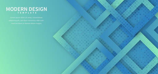 Abstract blue and green geometric square shape overlapping with dot decoration and shadow background.