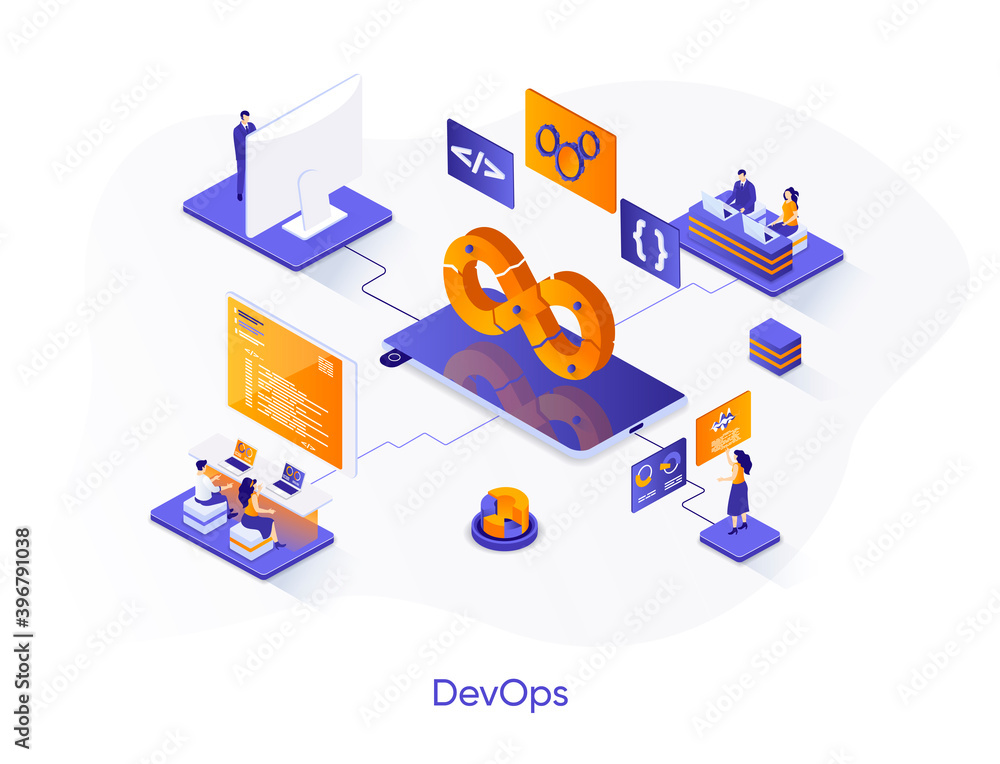Poster DevOps isometric web banner. Development operations isometry concept. Programming and engineering service 3d scene, computer system administration design. Vector illustration with people characters.