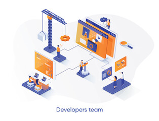 Developers team isometric web banner. Full stack software development company isometry concept. App engineering, programming and testing 3d scene design. Vector illustration with people characters.