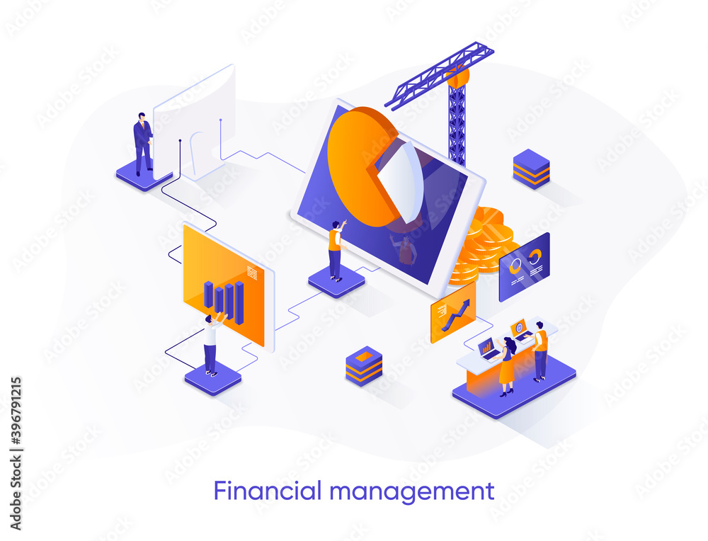 Poster Financial management isometric web banner. Data analysis and strategy planning isometry concept. Business forecasting 3d scene, risk management flat design. Vector illustration with people characters.