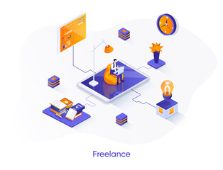 Freelance isometric web banner. Outsourcing development isometry concept. Professional self employed occupation 3d scene, remote workforce flat design. Vector illustration with people characters.