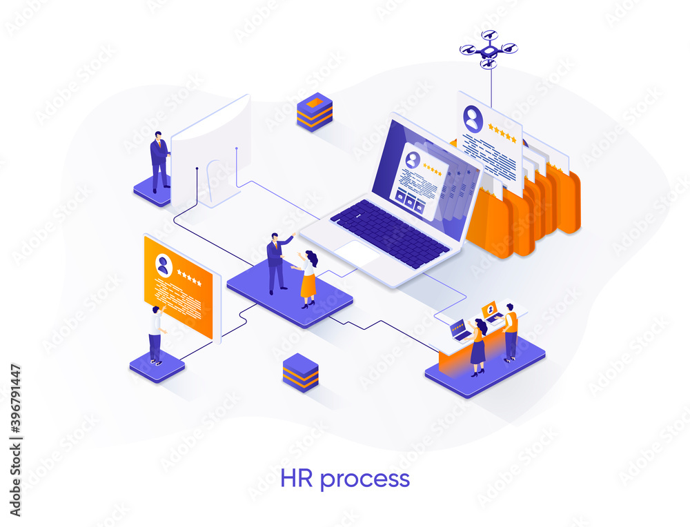 Poster hr process isometric web banner. human resource management isometry concept. staff headhunting 3d sc