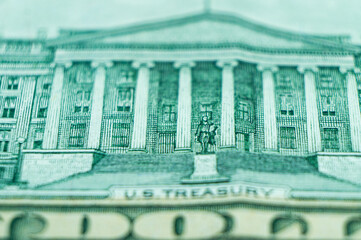 Imprint of the Treasury building on a dollar bill banknote