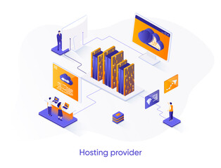 Hosting provider isometric web banner. Website hosting service isometry concept. Internet provider hardware technology, technical support 3d scene design. Vector illustration with people characters.