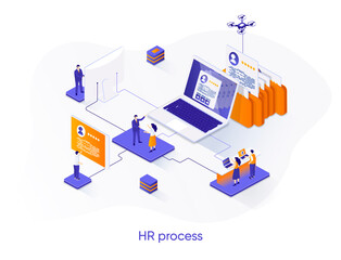 HR process isometric web banner. Human resource management isometry concept. Staff headhunting 3d scene, study CV of candidates in recruiting agency design. Vector illustration with people characters.