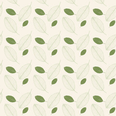 Obraz premium Vector seamless pattern. Stylish floral background with hand drawn green leaves. Texture in pastel colors.