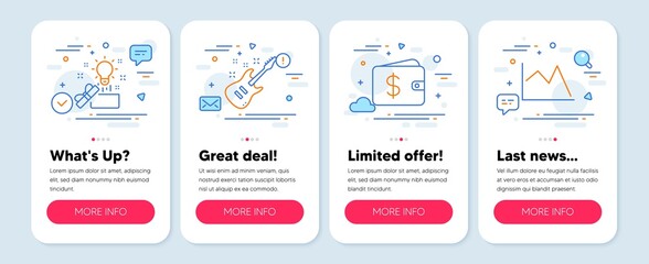 Set of line icons, such as Creative idea, Electric guitar, Dollar wallet symbols. Mobile app mockup banners. Line chart line icons. Present box, Musical instrument, Cash money. Financial graph. Vector