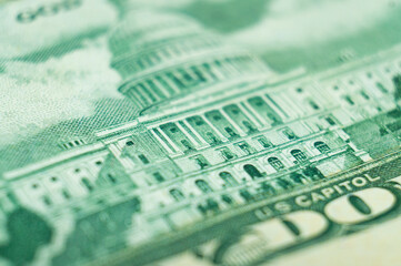 Imprint of the U.S. Capitol building on a dollar bill banknote
