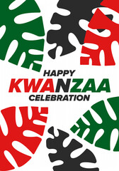 Kwanzaa Happy Celebration. African and African-American culture holiday. Seven days festival, celebrate annual from December 26 to January 1. Black history. Poster, card, banner and background. Vector